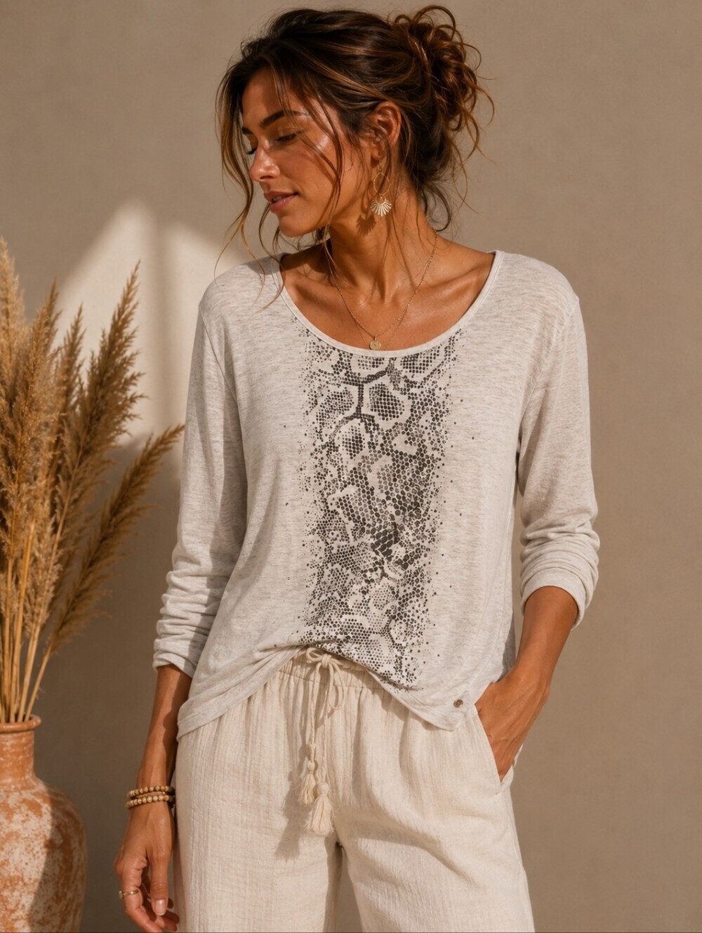 Olsen | Snake Print Long Sleeve Top | Neutral Beige, Size M